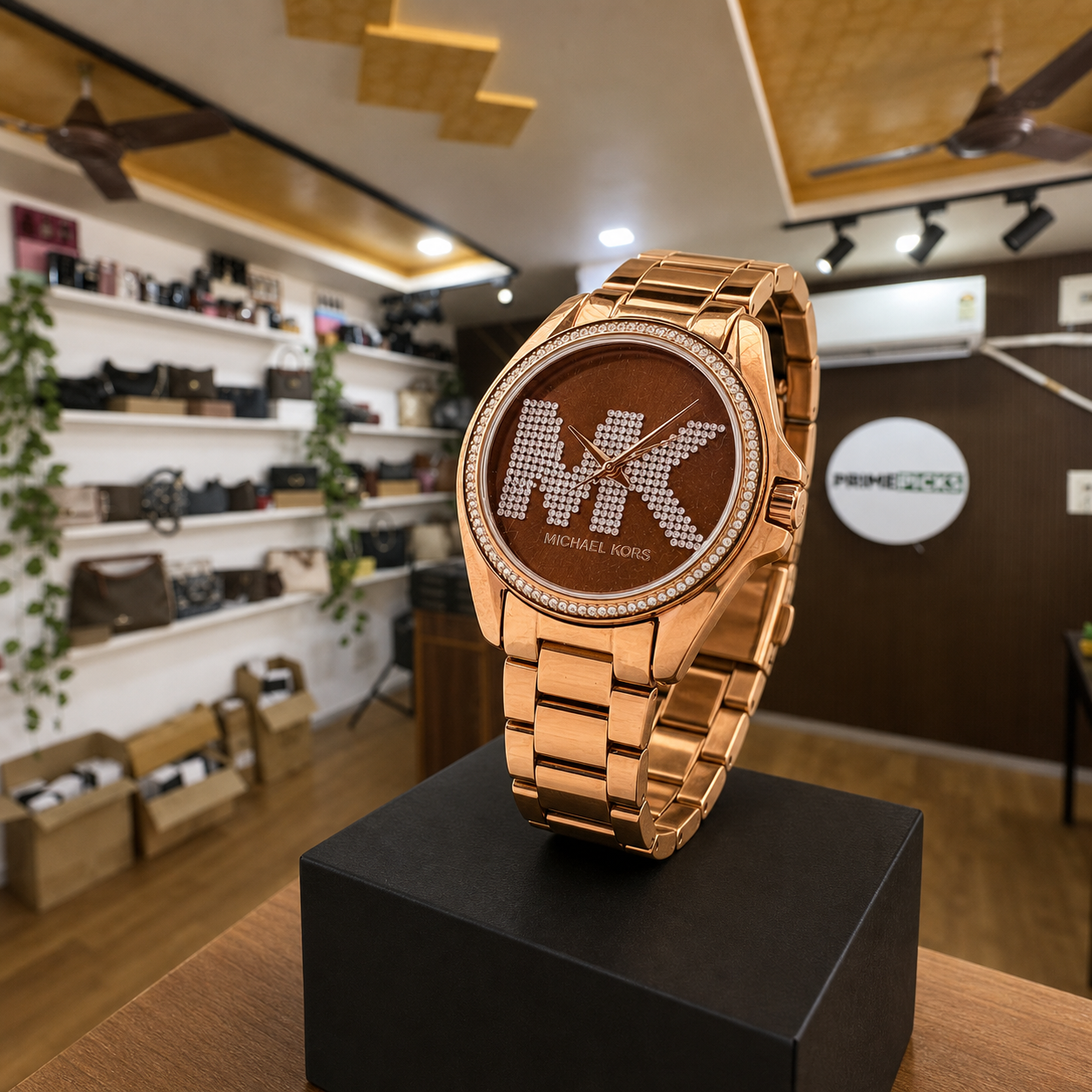Michael Kors Bradshaw rose-gold bracelet and case profile in Primepicks office