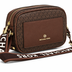 Michael Kors Bradshaw brown camera sling bag on white background