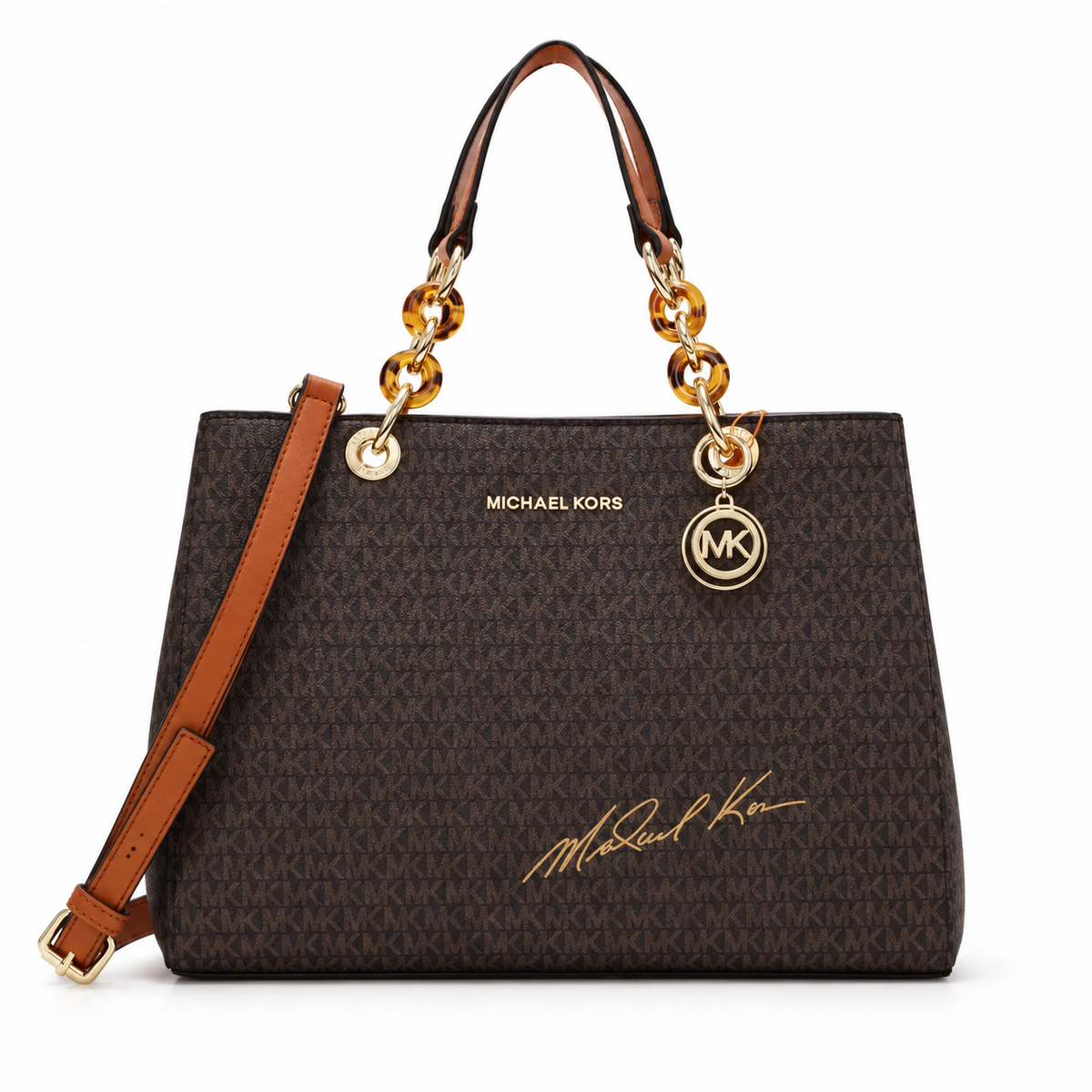 Michael Kors Cynthia Mono S Brown Small Monogram tote on white background