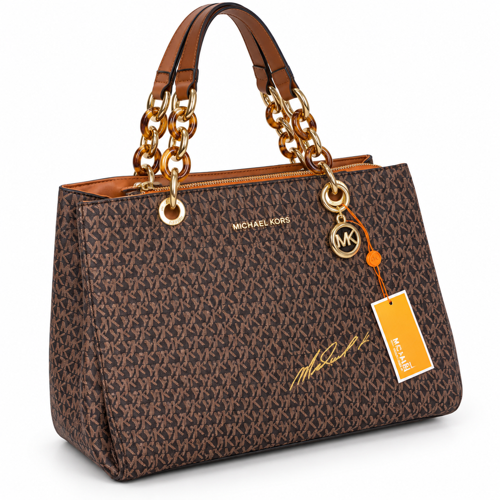 Michael Kors Cynthia Mono S Brown Large Monogram tote on white background