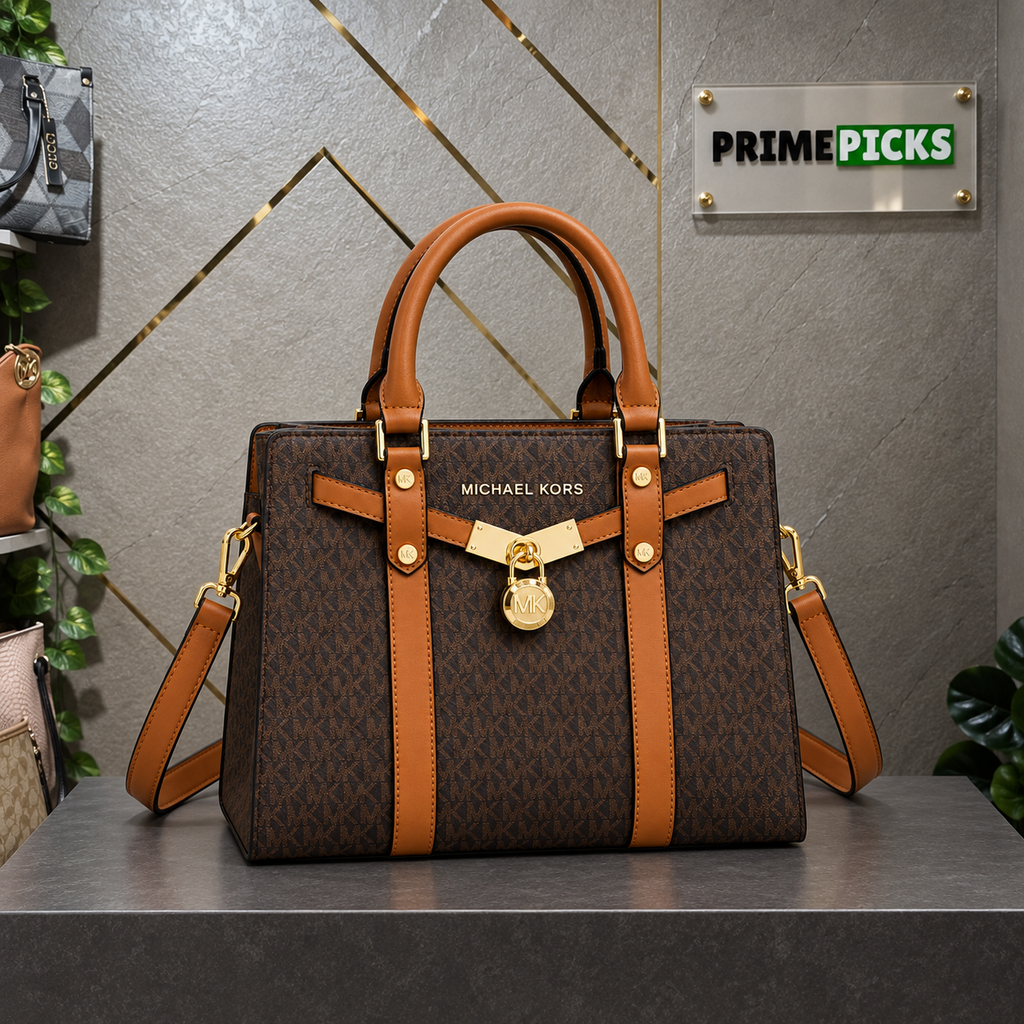 Michael Kors Nouveau Hamilton Large Satchel at PrimePicks grey and gold office display