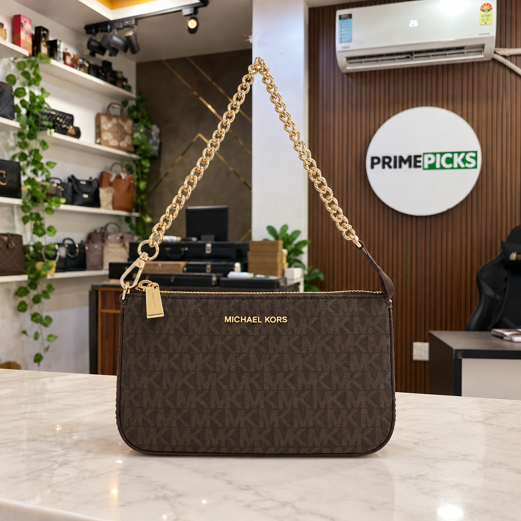Michael Kors Jet Set Signature Shoulder Bag in Brown Signature in the PrimePicks office