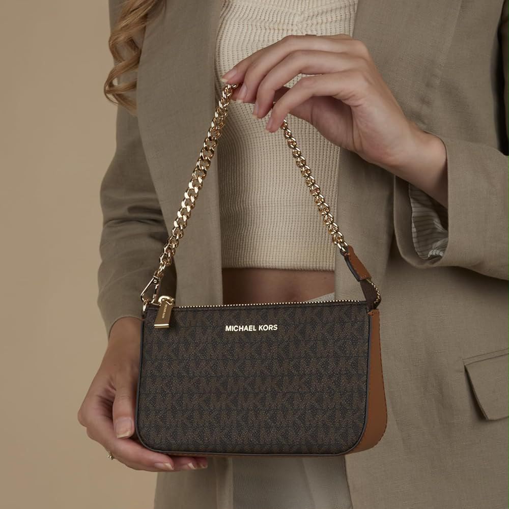 Michael Kors Jet Set Signature Shoulder Bag in Brown Signature worn on the shoulder