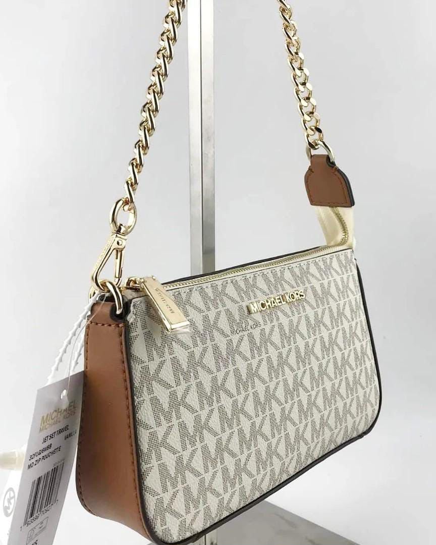 Michael Kors Jet Set Signature Shoulder Bag in Vanilla Signature angled view