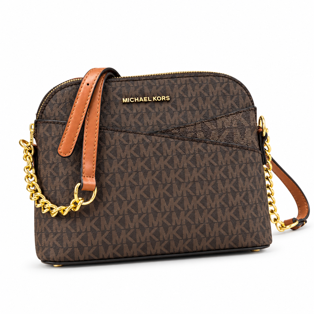 Michael Kors Jet Set Travel dome crossbody bag in Brown Signature on white background