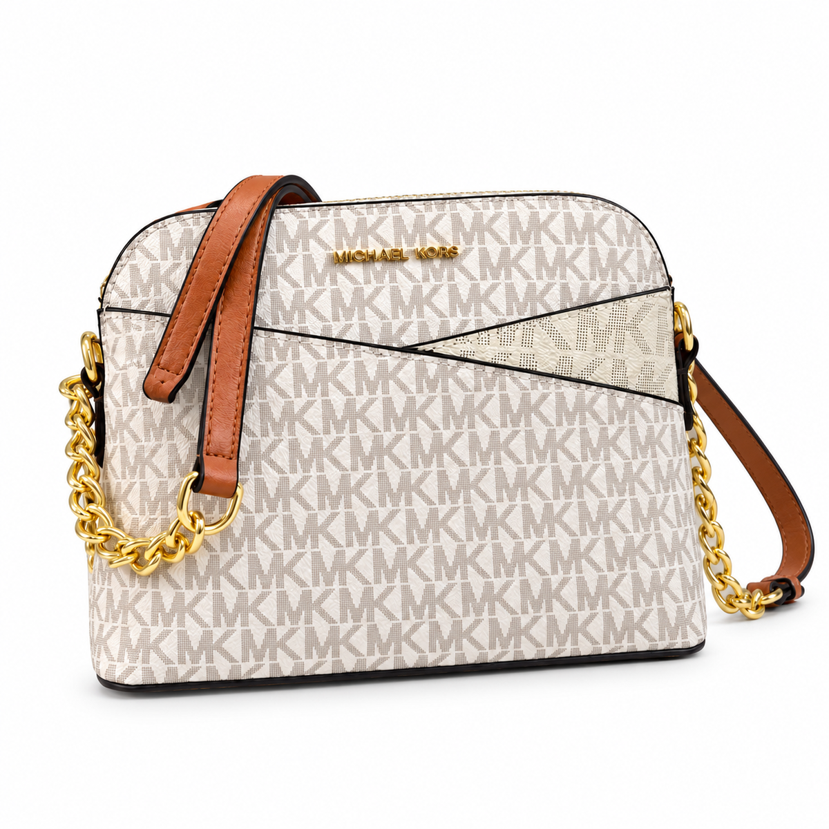 Michael Kors Jet Set Travel dome crossbody bag in Vanilla Signature on white background