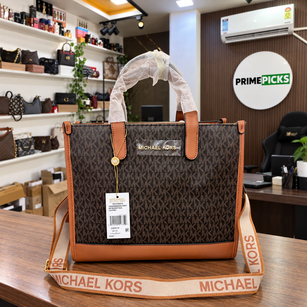 Michael Kors Mini Tote in Brown Signature at the PrimePicks office