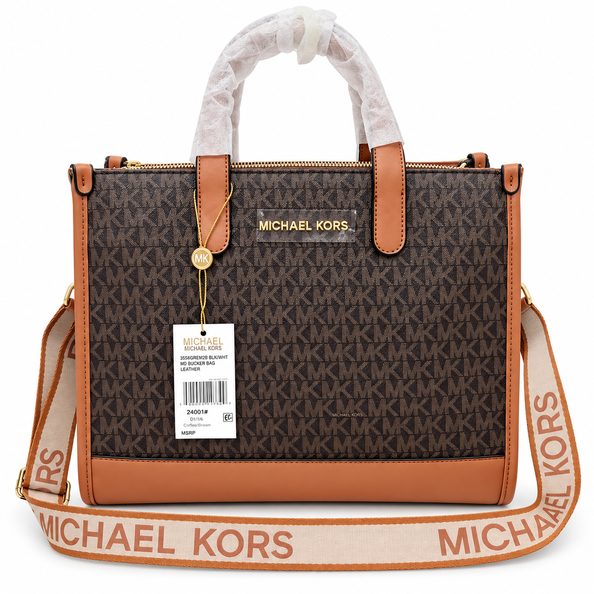 Michael Kors Mini Tote in Brown Signature on a white background