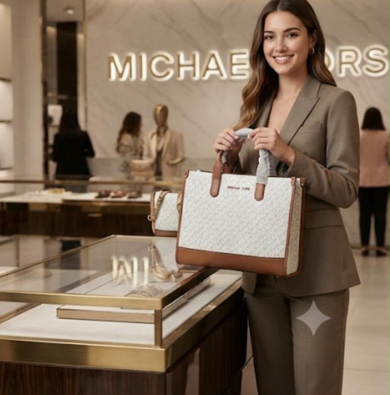 Michael Kors Mini Tote in Vanilla Signature carried by a model