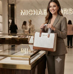 Michael Kors Mini Tote in Vanilla Signature carried by a model