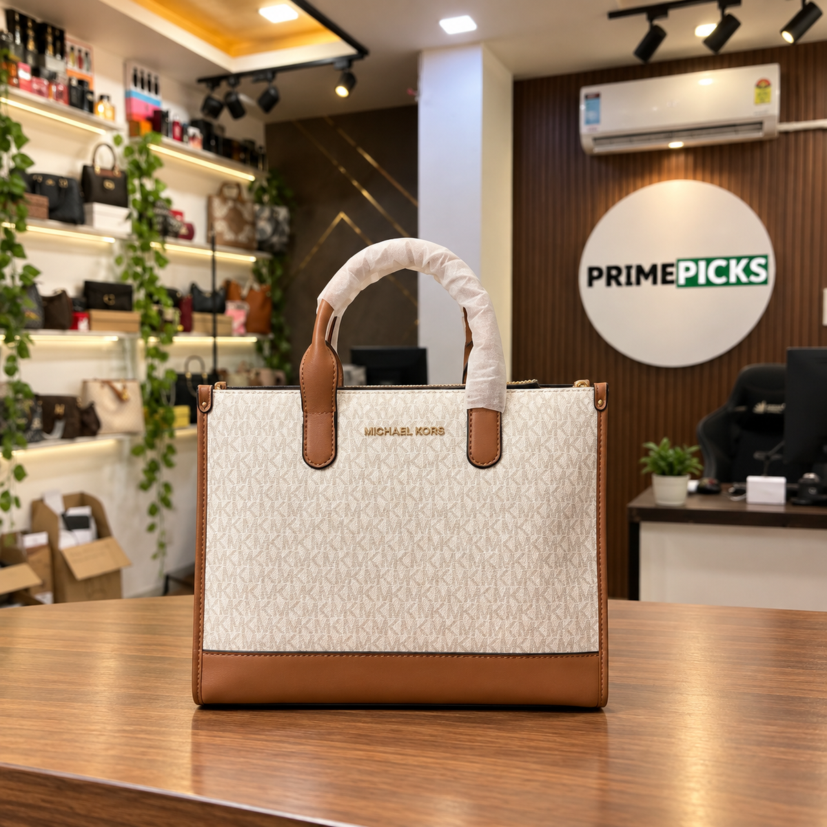 Michael Kors Mini Tote in Vanilla Signature at the PrimePicks office