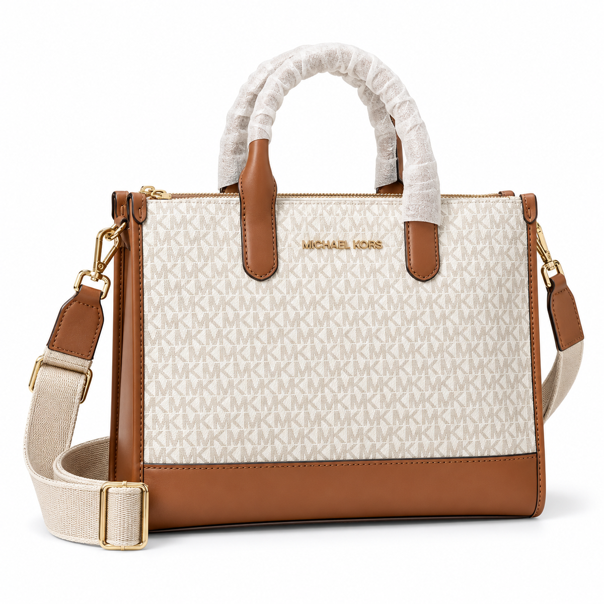 Michael Kors Mini Tote in Vanilla Signature on a white background