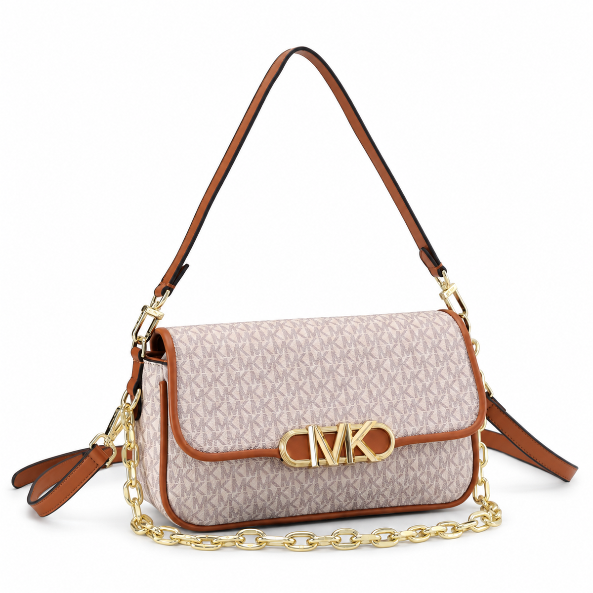 Michael Kors Parker shoulder bag in light beige MK monogram on white background