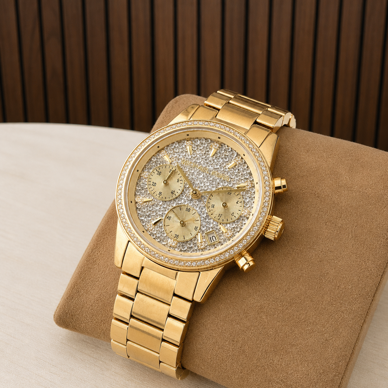 Michael Kors Ritz MK3710 crystal dial and gold bracelet detail