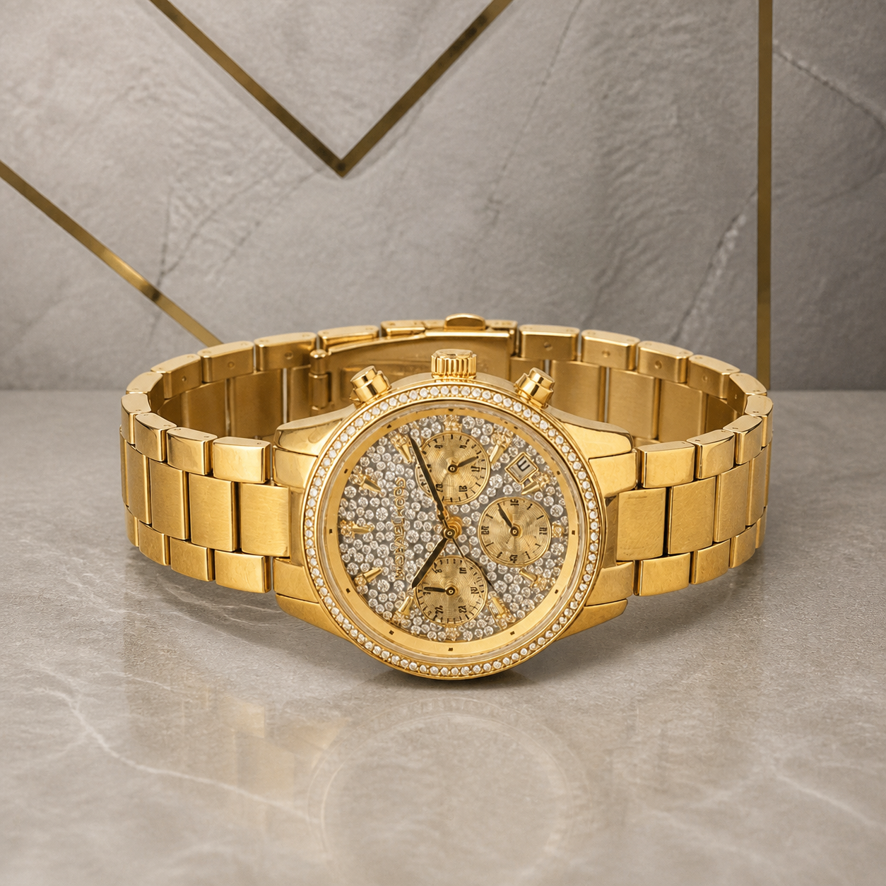 Michael Kors Ritz MK3710 gold-tone chronograph watch flat lay