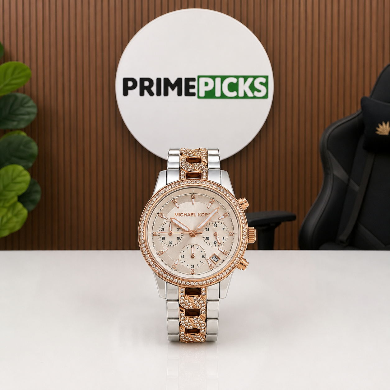 Michael Kors Ritz MK6938 two-tone watch hero in Primepicks office