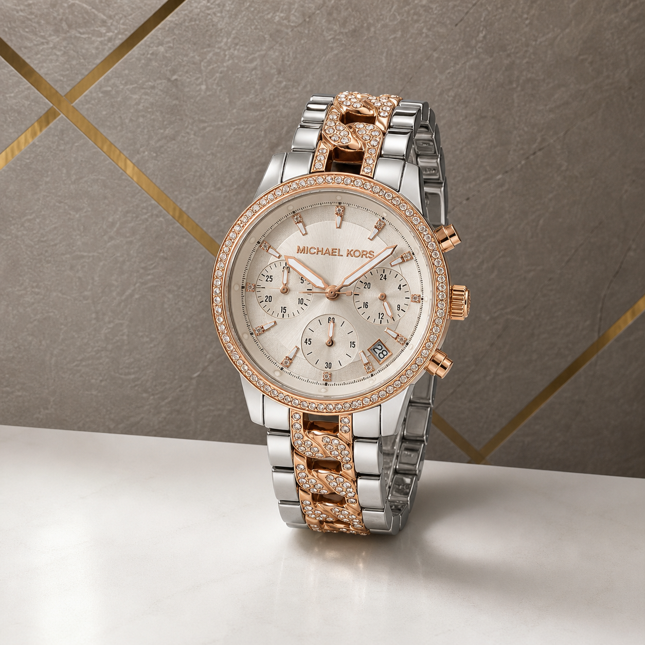 Michael Kors Ritz MK6938 three-quarter view on grey and gold office wall