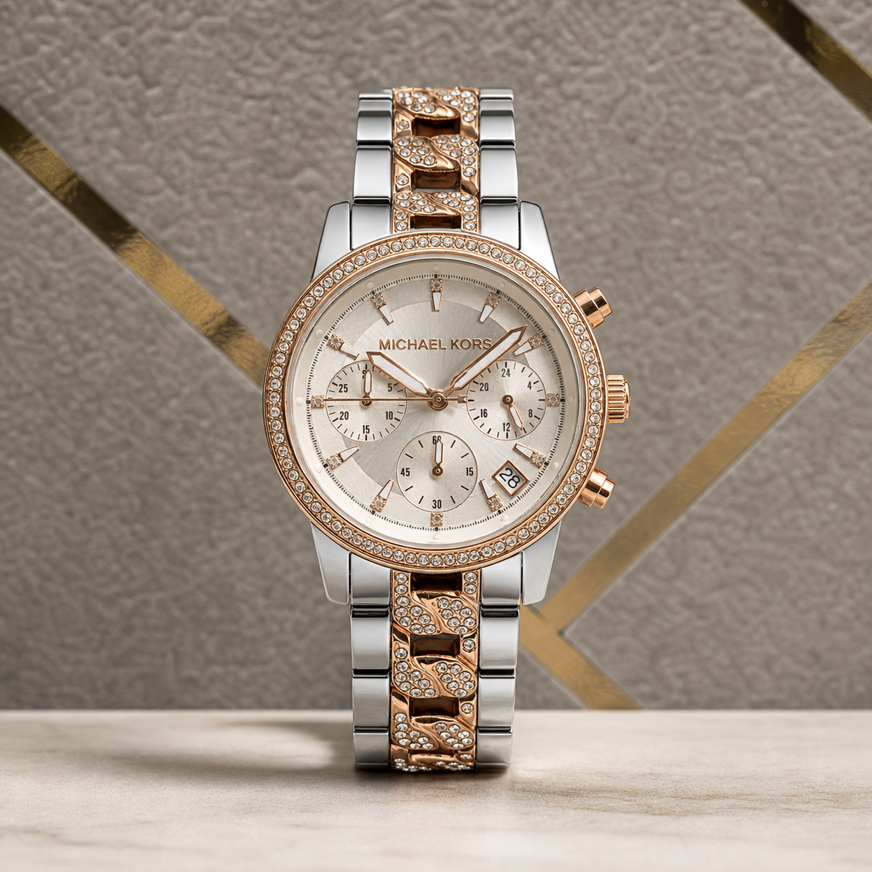 Michael Kors Ritz MK6938 silver chronograph dial and crystal detail