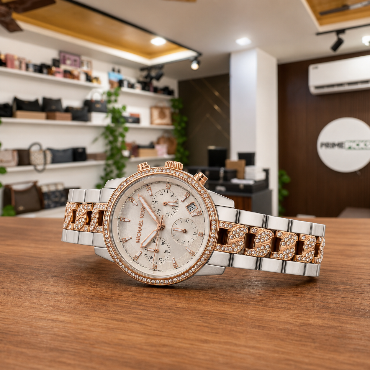 Michael Kors Ritz MK6938 two-tone bracelet on office countertop