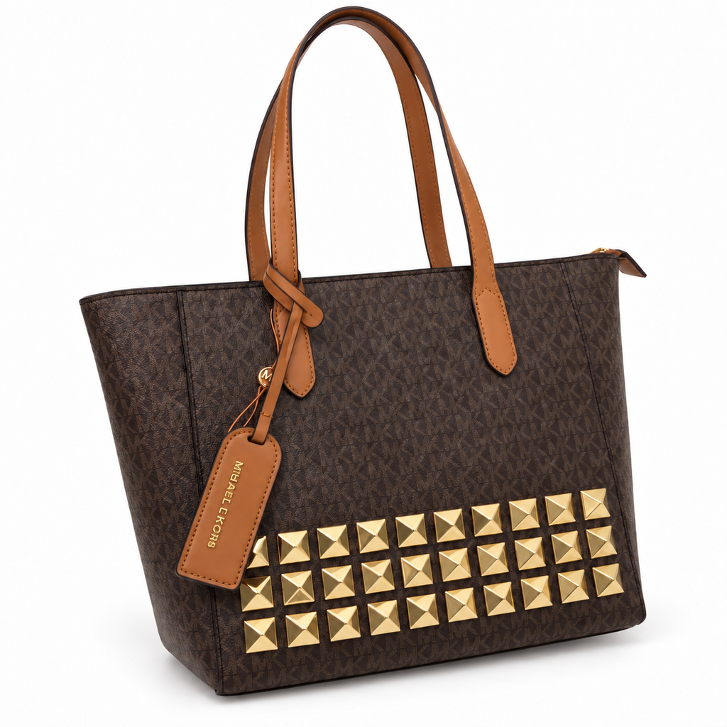 Michael Kors Sinclair large brown studded logo tote on a white background