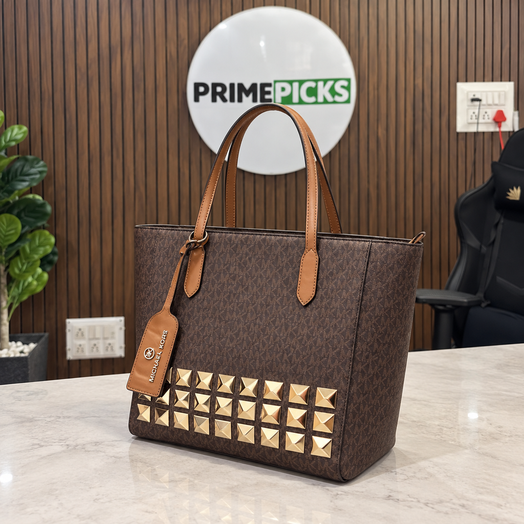 Michael Kors Sinclair brown studded tote in the PrimePicks wood-wall office