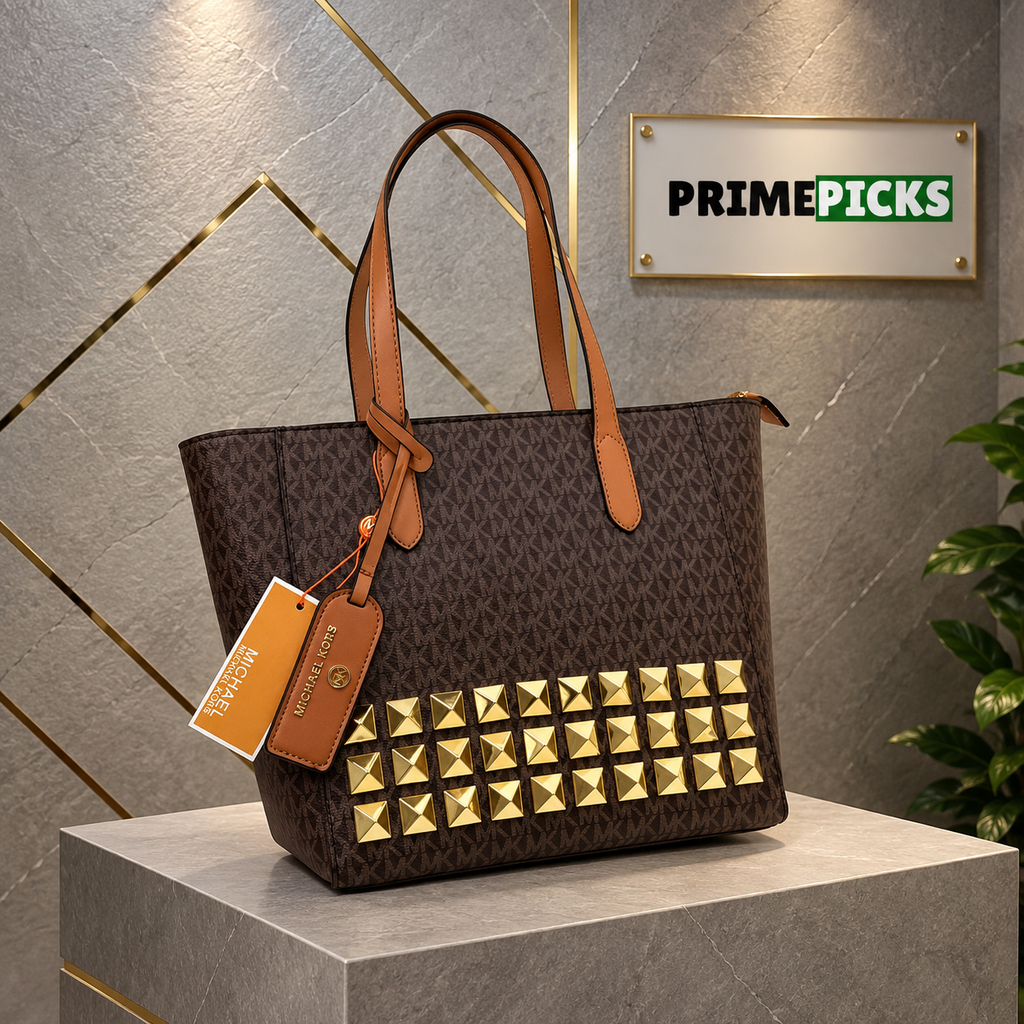 Michael Kors Sinclair brown studded tote in the PrimePicks grey-and-gold display area