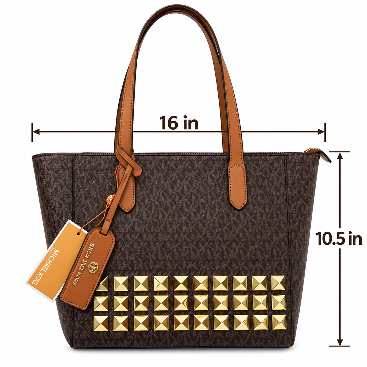 Michael Kors Sinclair brown tote dimension guide showing 16 by 10.5 inches