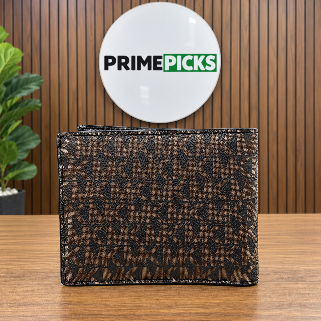 Michael Kors men's MK monogram bifold wallet in the PrimePicks office with the main logo board
