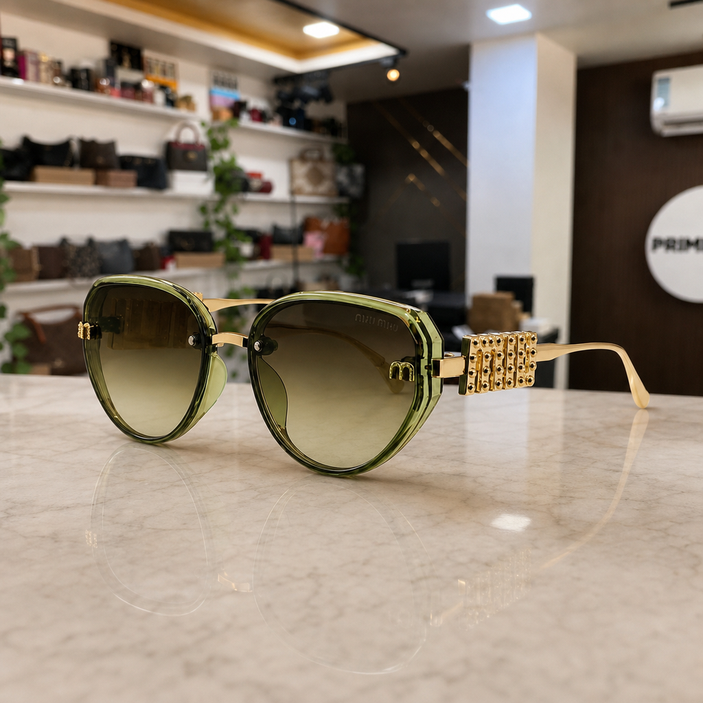 Miu Miu jeweled hinge sunglasses in translucent olive green, hero view