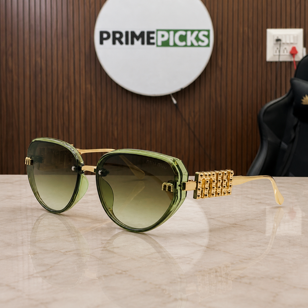 Miu Miu jeweled hinge sunglasses in translucent olive green, alternate angle