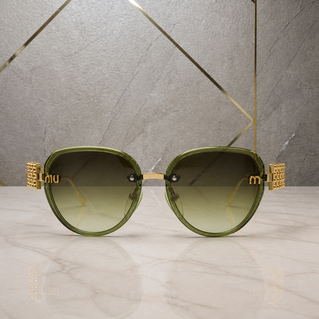 Miu Miu jeweled hinge sunglasses in translucent olive green, front view