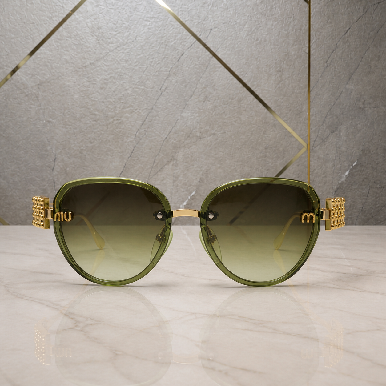 Miu Miu jeweled hinge sunglasses in translucent olive green, front view