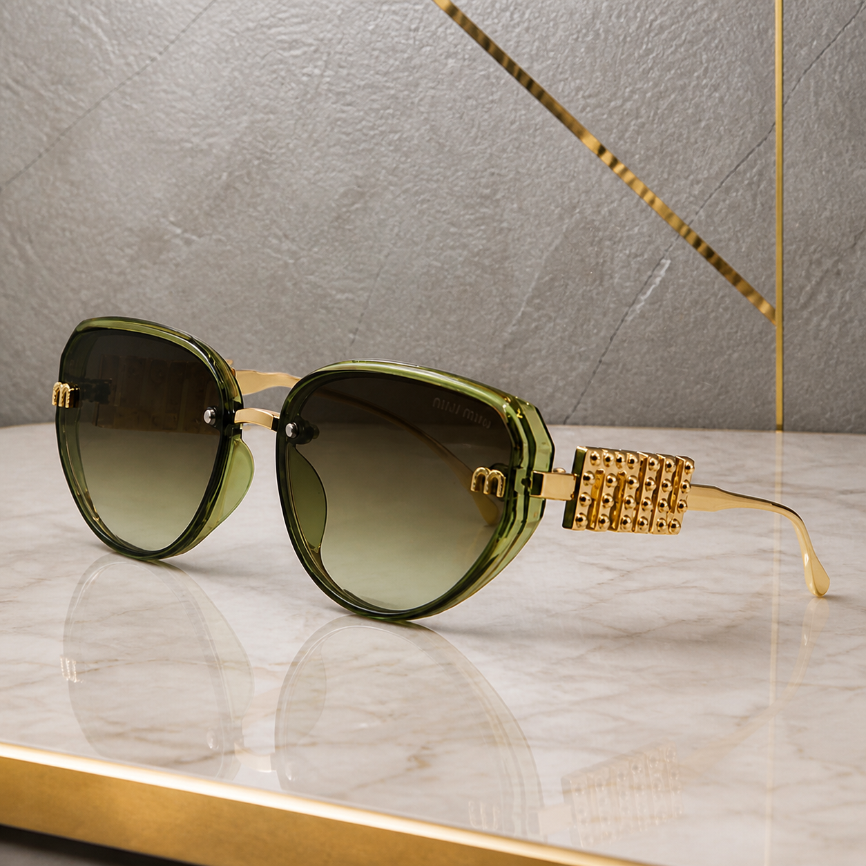 Miu Miu jeweled hinge sunglasses in translucent olive green, hinge detail