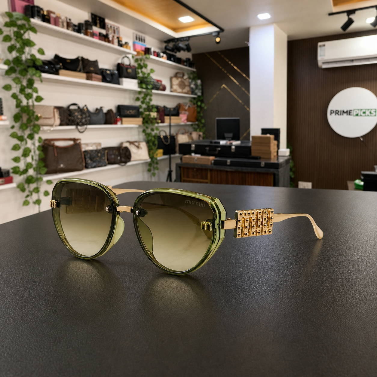Miu Miu jeweled hinge sunglasses in translucent olive green, PrimePicks office display