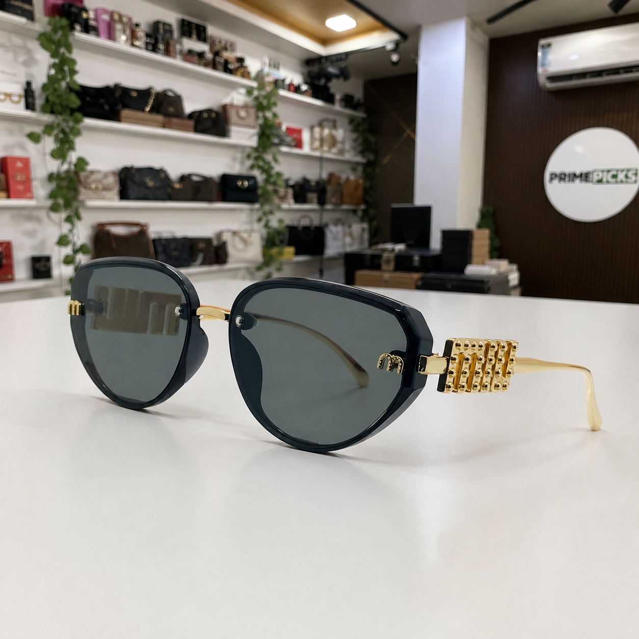 Miu Miu jeweled hinge sunglasses in glossy black, hero view