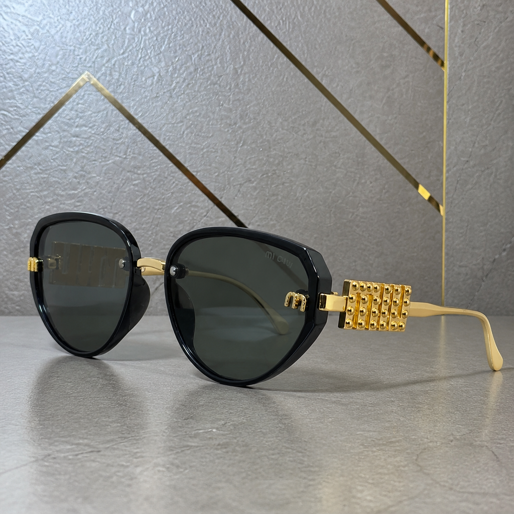Miu Miu jeweled hinge sunglasses in glossy black, hinge detail