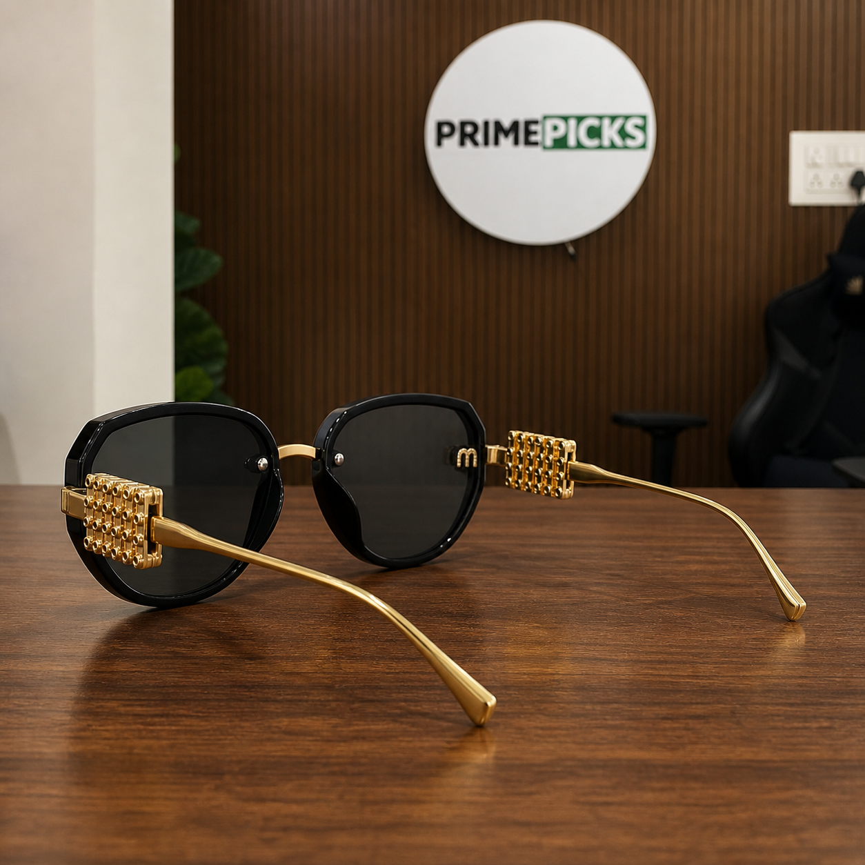 Miu Miu black butterfly sunglasses alternate open-temple office view
