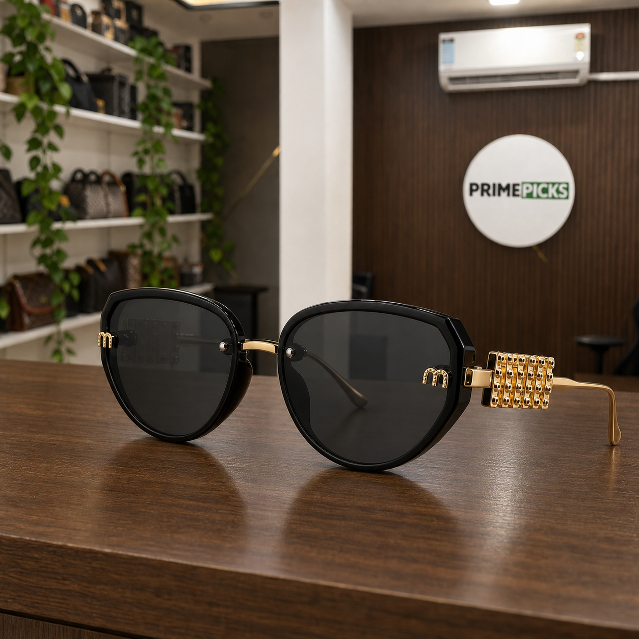 Miu Miu black and gold-tone sunglasses lifestyle view in the PrimePicks office