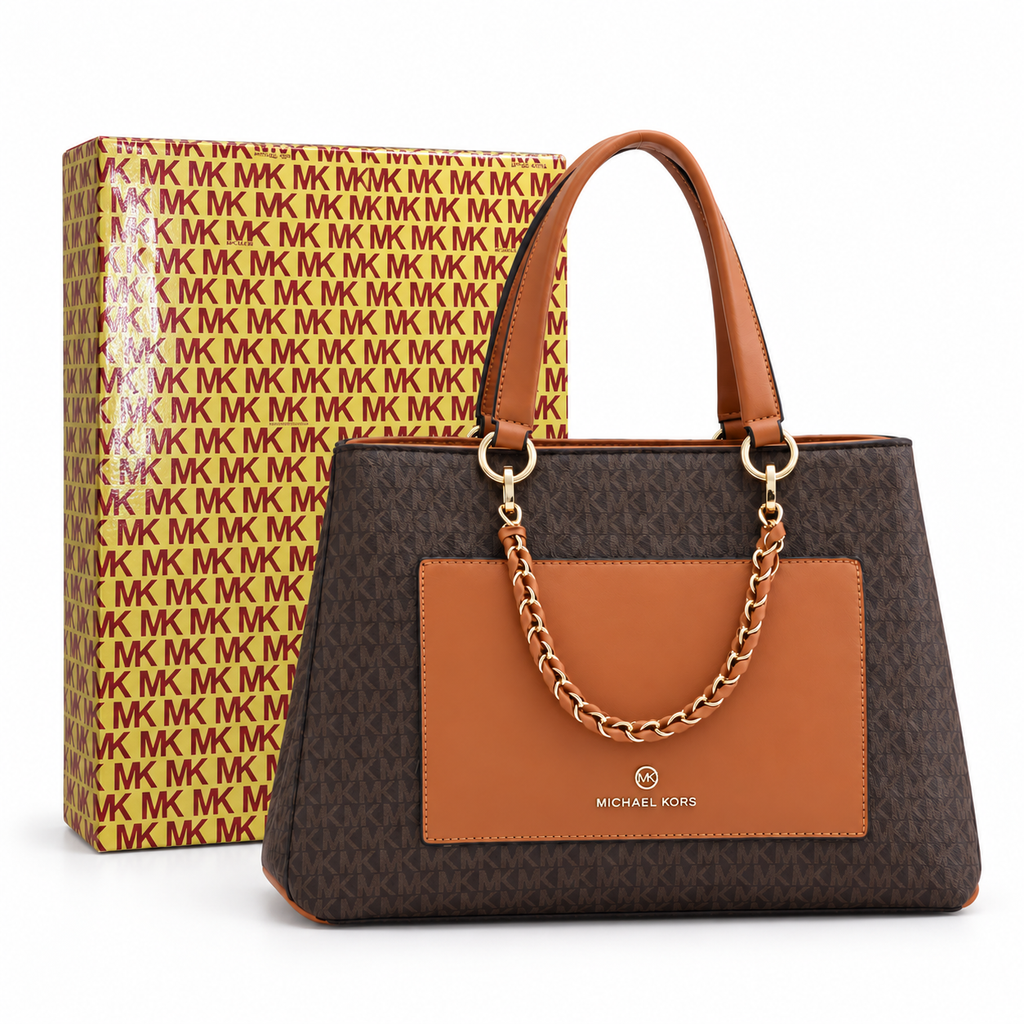 Michael Kors Cece Mono Brown Signature handbag with patterned box
