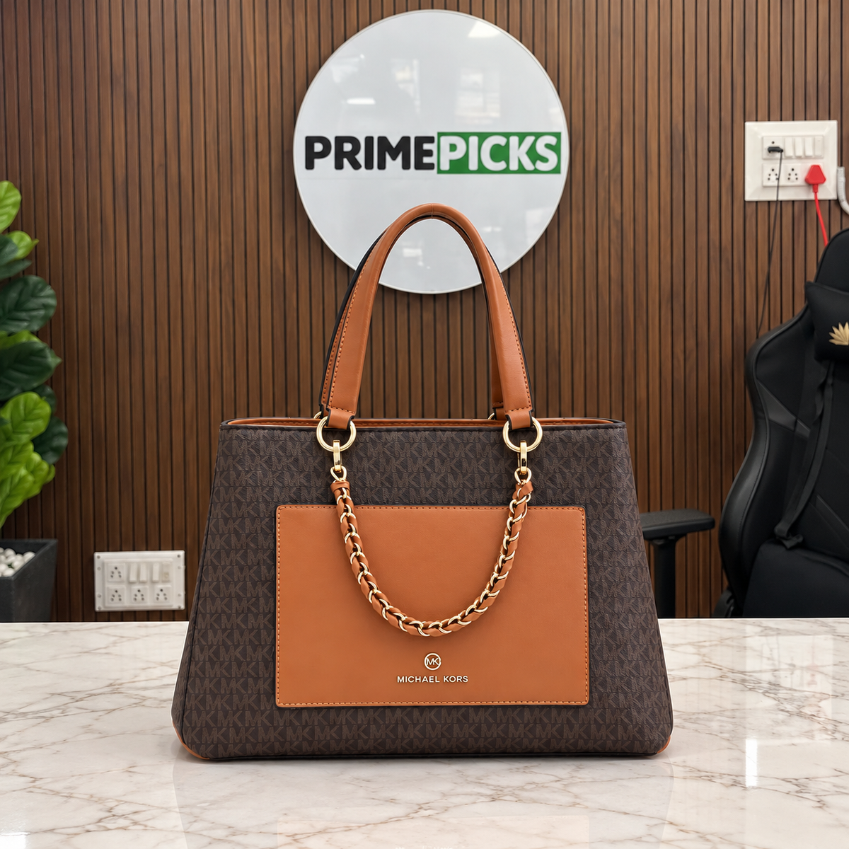 Michael Kors Cece Mono tote handbag in Brown Signature in the PrimePicks office setting