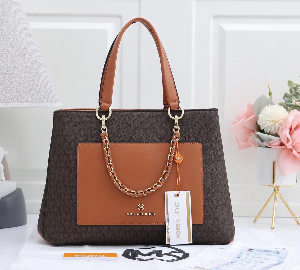 Michael Kors Cece Mono Brown Signature handbag front studio view