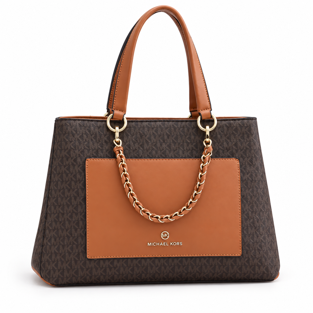 Michael Kors Cece Mono tote handbag in Brown Signature on a clean white background