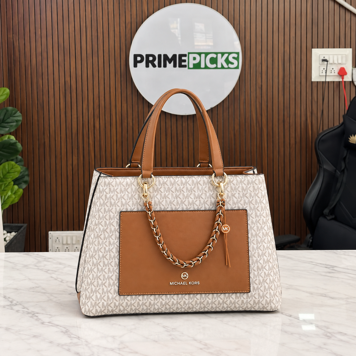 Michael Kors Cece Mono tote handbag in Vanilla Signature in the PrimePicks office setting