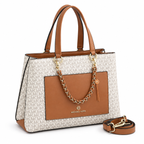 Michael Kors Cece Mono tote handbag in Vanilla Signature on a clean white background
