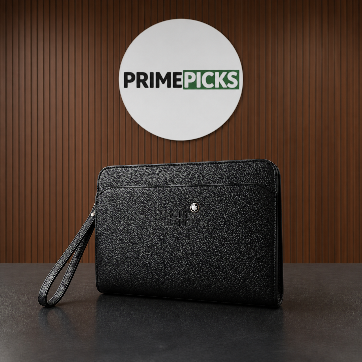 Montblanc black textured men's pouch in the Primepicks office with logo board