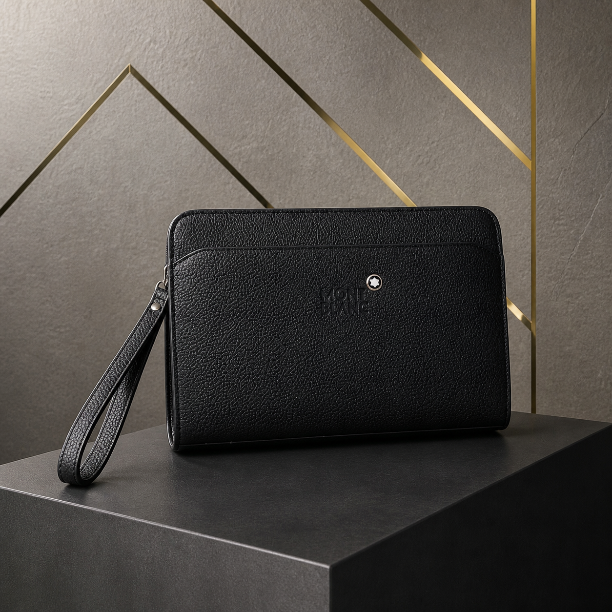 Montblanc black textured men's pouch against grey and gold office wall