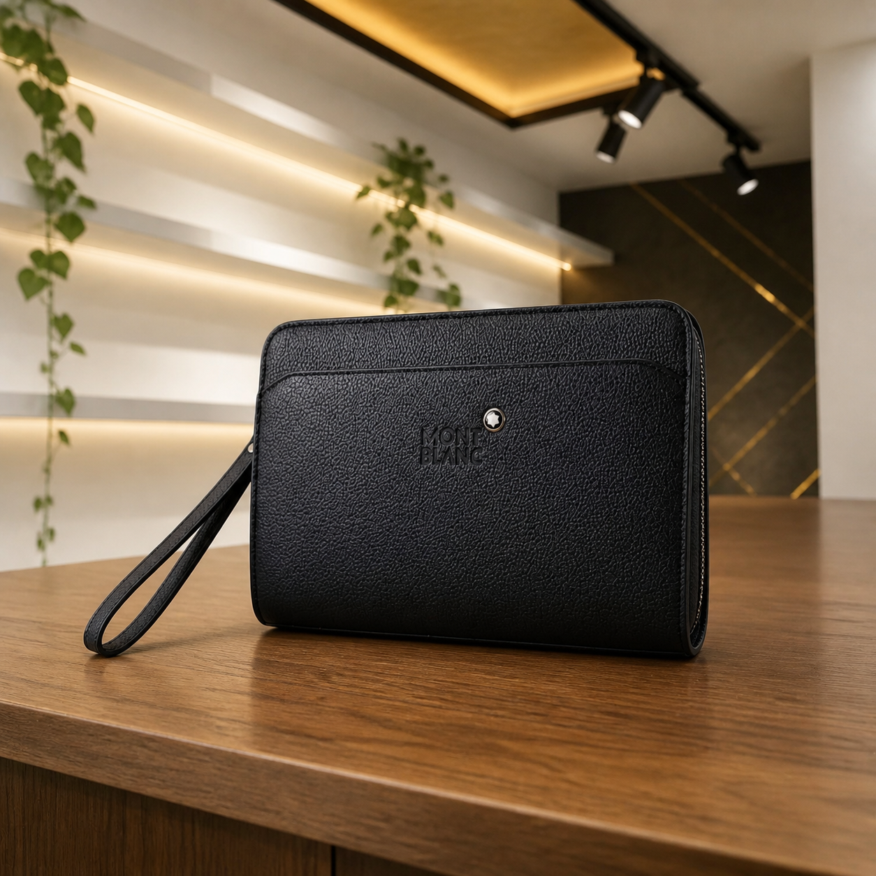 Montblanc black textured men's pouch on wood counter in Primepicks office