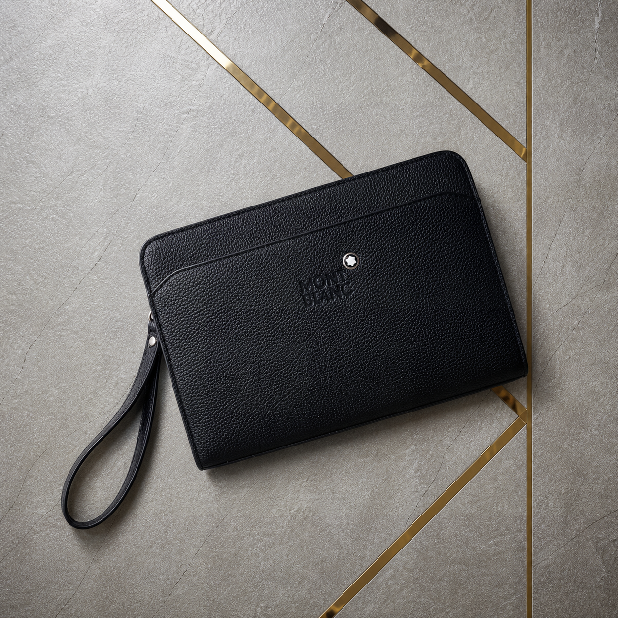 Top view of Montblanc black textured men's pouch with wrist strap