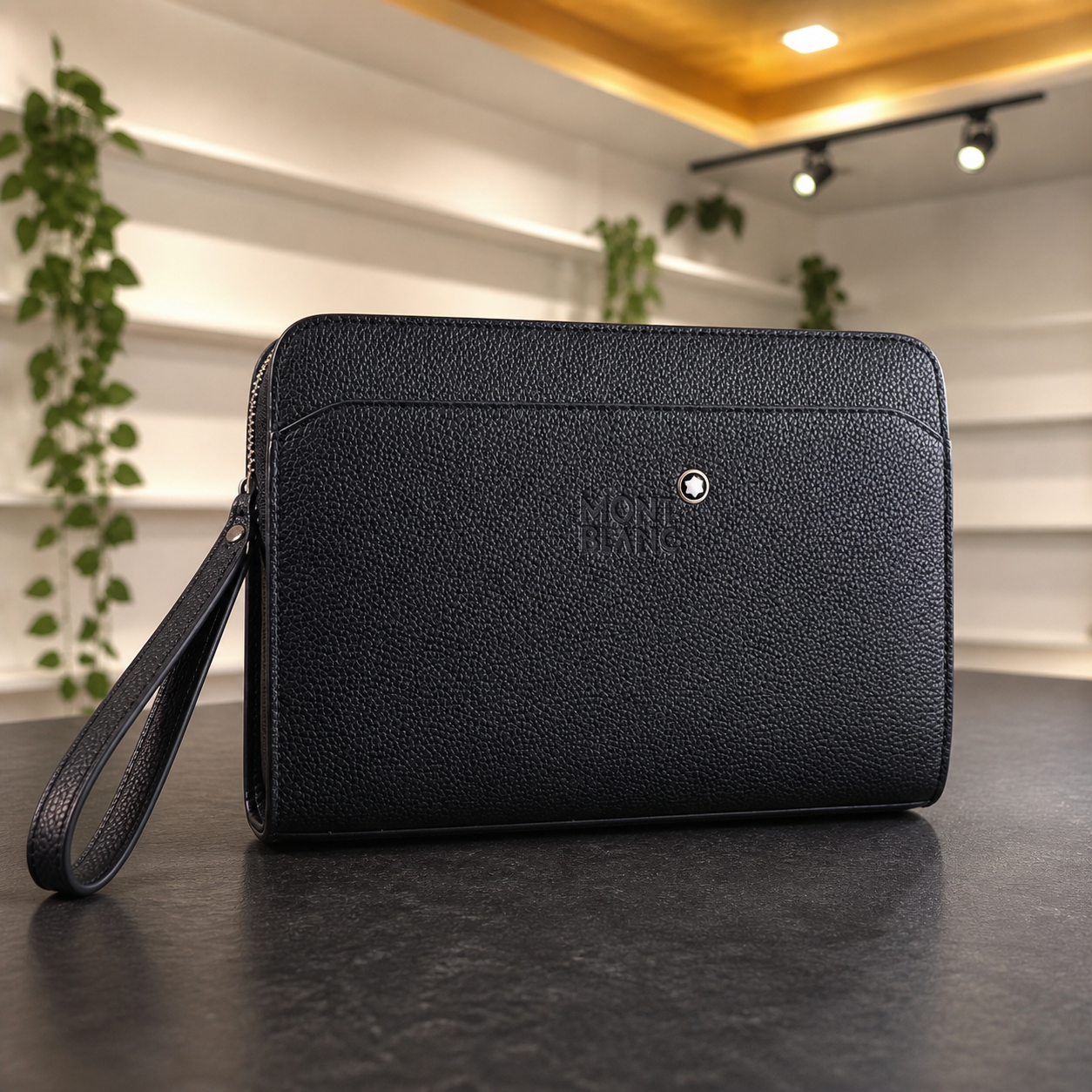 Close view of Montblanc black textured men's pouch and emblem