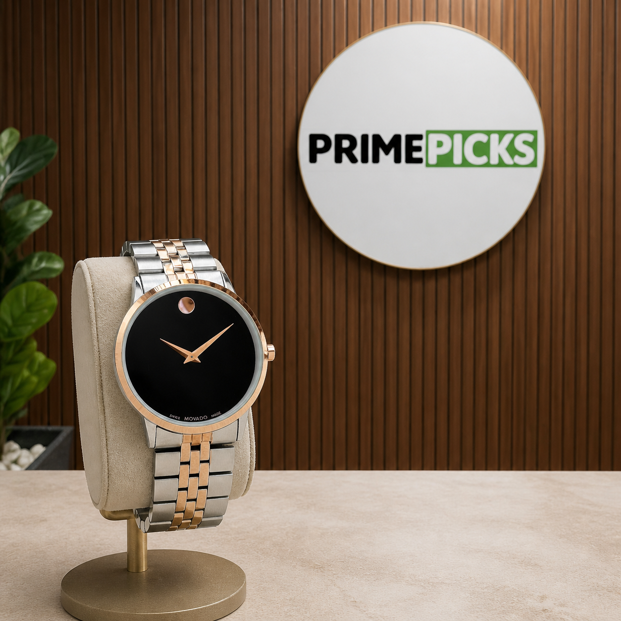 Movado Museum Classic two-tone black dial watch with full PRIMEPICKS office logo board